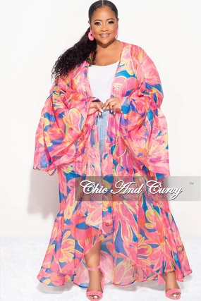 Final Sale Plus Size Ruffle Sleeve Kimono Duster in Pink and Royal Blue AbrasionResistant
