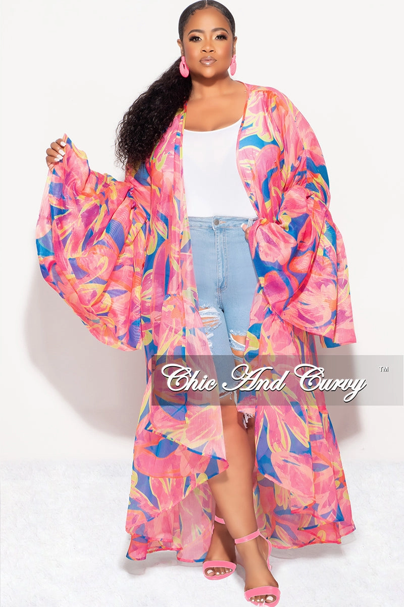 Casual Active Adaptable Fit Final Sale Plus Size Ruffle Sleeve Kimono Duster in Pink and Royal Blue