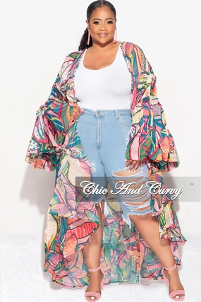 Final Sale Plus Size Ruffle Sleeve Kimono Duster in Pink Multi Color Performance Stretch Smart Style