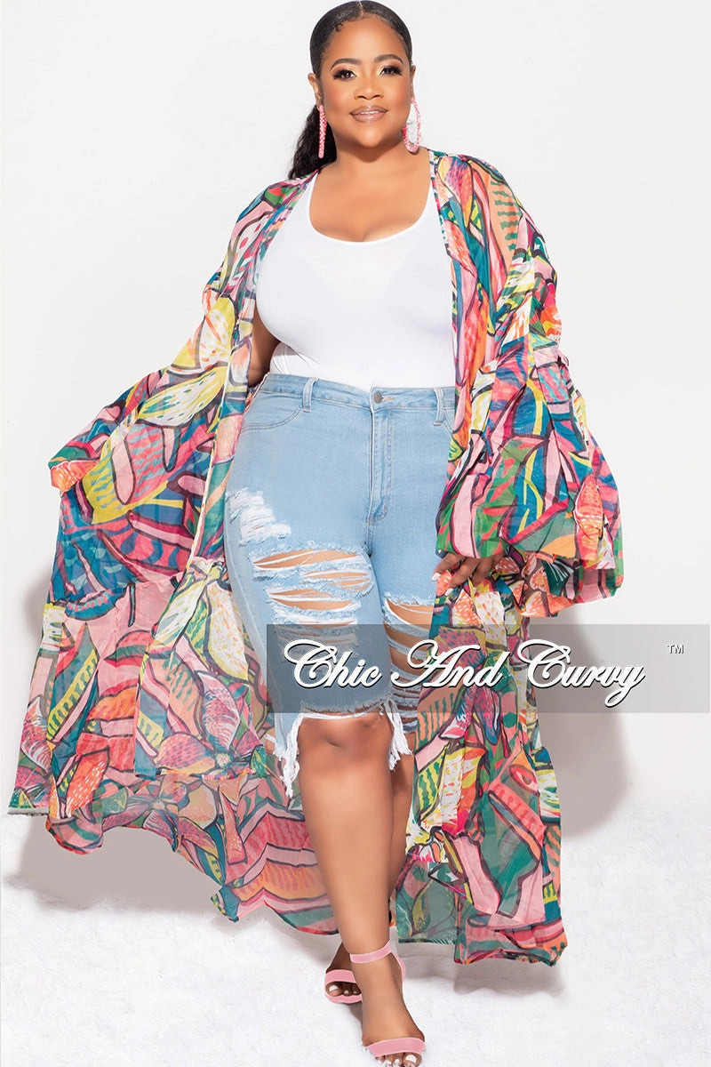 Non Irritating Seams Breathable Weave Fabric Final Sale Plus Size Ruffle Sleeve Kimono Duster in Pink Multi Color