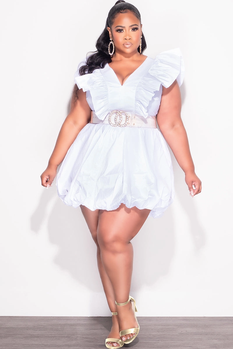 Packable Fit Final Sale Plus Size Ruffle Trim Babydoll Bubble Dress with Cutout Back in White