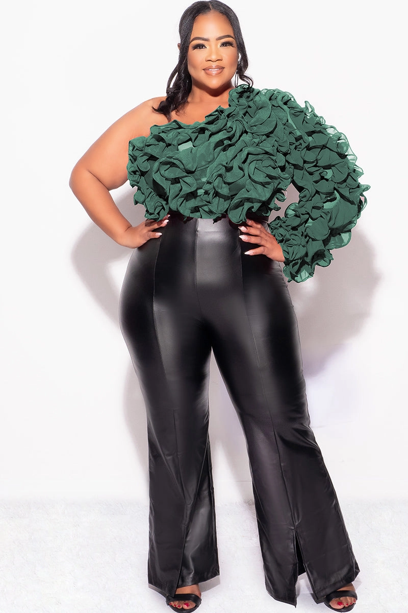 Final Sale Plus Size Ruffled One Shoulder Crop Top Hunter Green Timeless Layers Adjustable drawstring