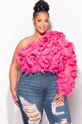 Final Sale Plus Size Ruffled One Shoulder Crop Top in Pink Distressed finish