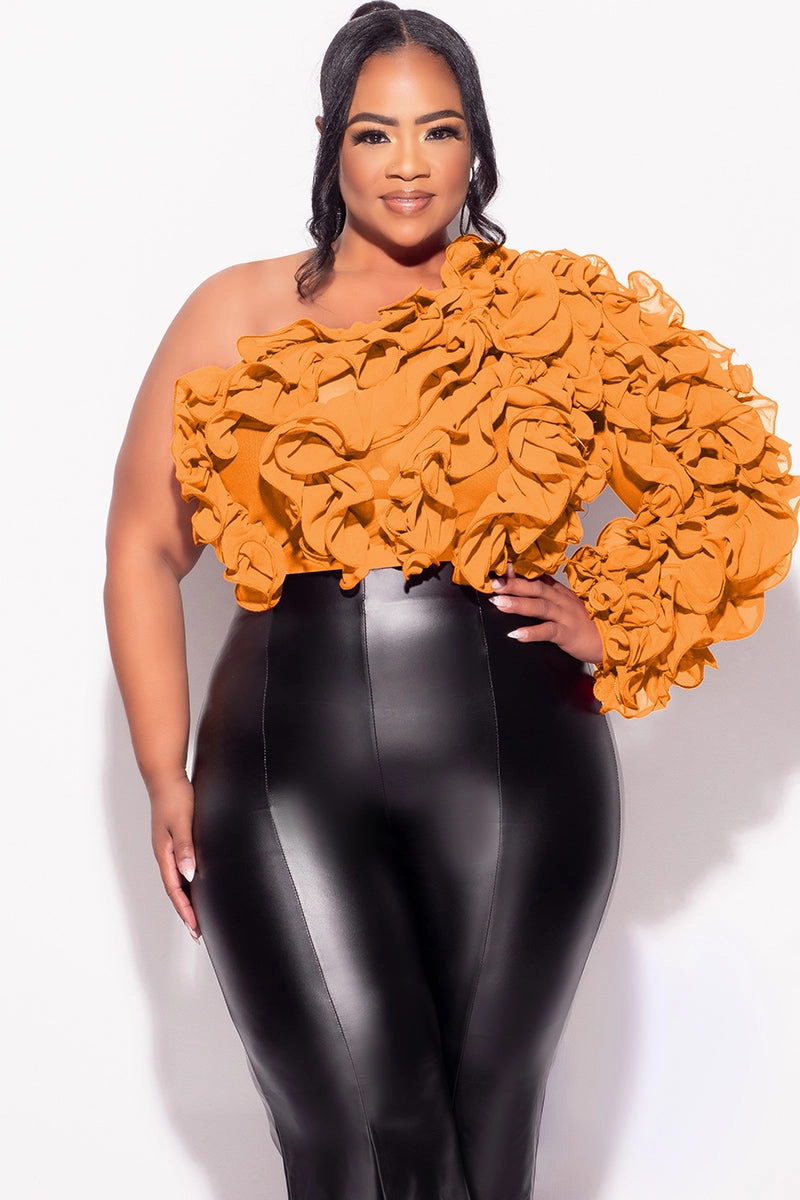 Tear Resistant Weave Active Flex Final Sale Plus Size Ruffled One Shoulder Crop Top in Rust Brown