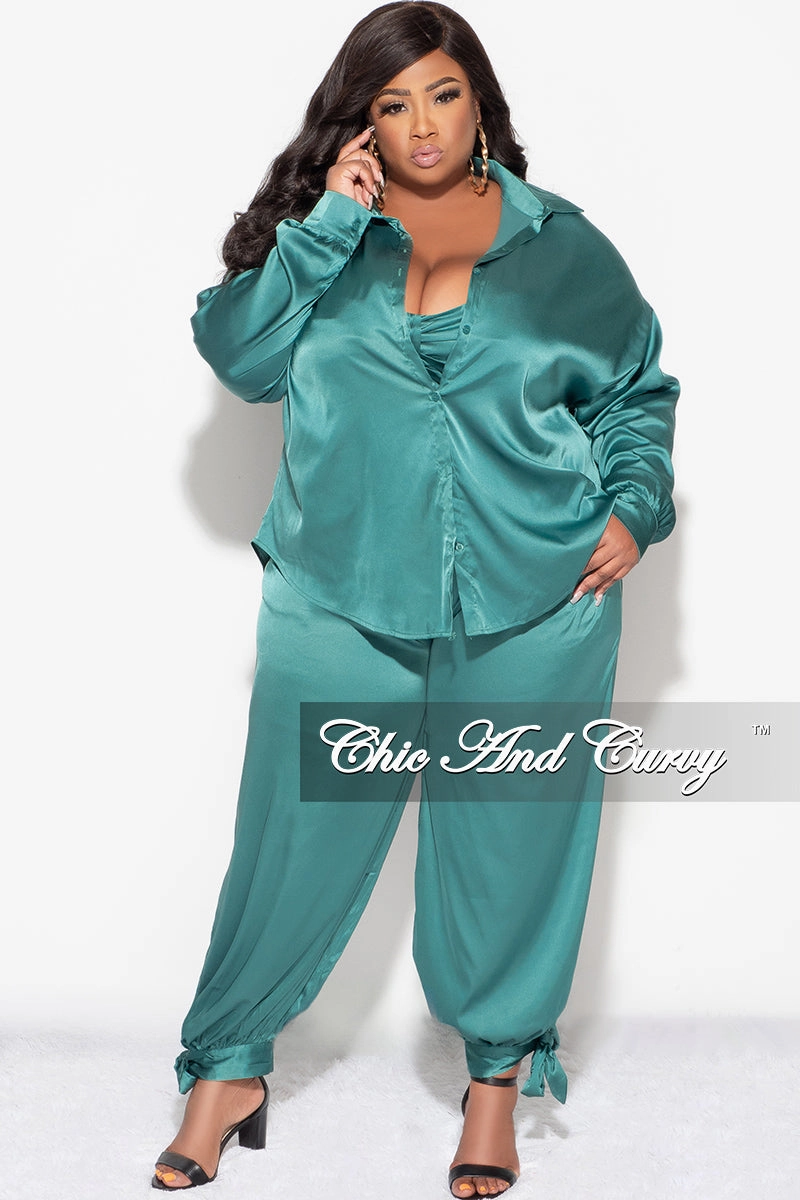 Final Sale Plus Size Satin 3pc Set (Collar Top, Tube Bra and High Waist Pants) in Green Bold Waistband windproof