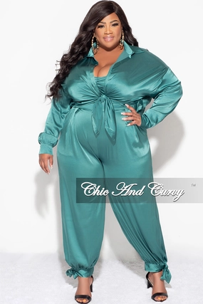 Final Sale Plus Size Satin 3pc Set (Collar Top, Tube Bra and High Waist Pants) in Green Compact Storage Simple Utility