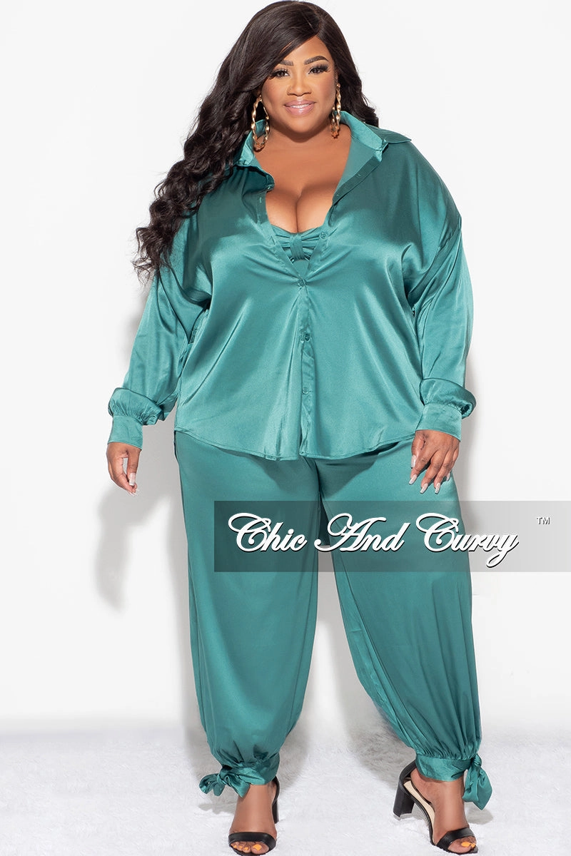 Final Sale Plus Size Satin 3pc Set (Collar Top, Tube Bra and High Waist Pants) in Green Flat waistband Day Comfort