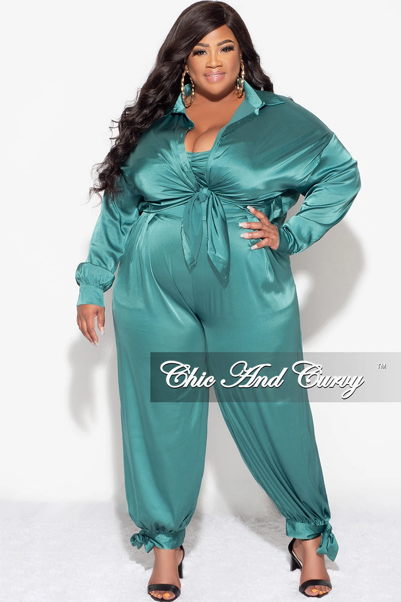 Perfect Silhouette Final Sale Plus Size Satin 3pc Set (Collar Top, Tube Bra and High Waist Pants) in Green