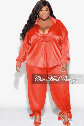 Chilly Wear On The Move Final Sale Plus Size Satin 3pc Set (Collar Top, Tube Bra and High Waist Pants) in Orange