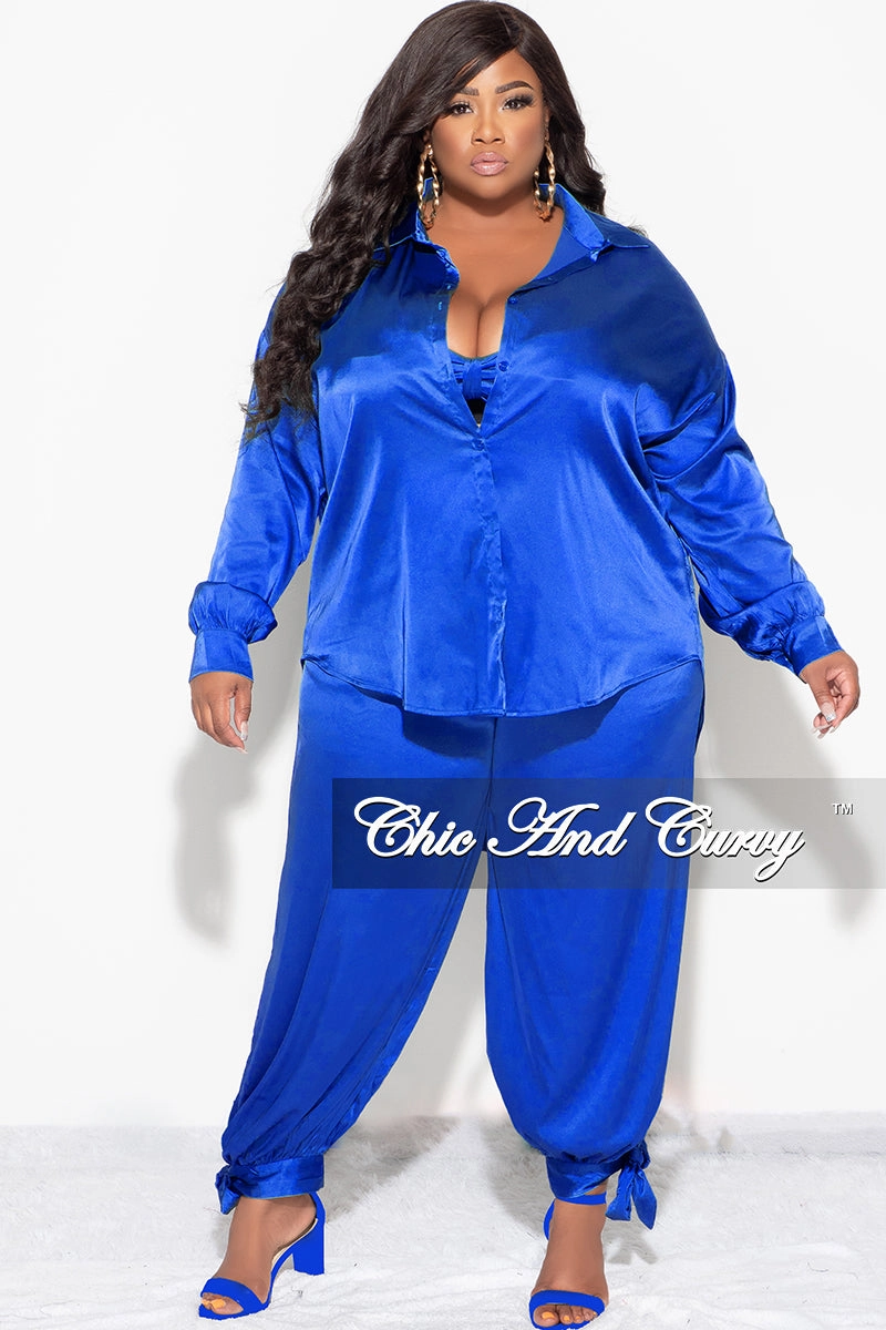 Odor Control Tech Final Sale Plus Size Satin 3pc Set (Collar Top, Tube Bra and High Waist Pants) in Royal Blue
