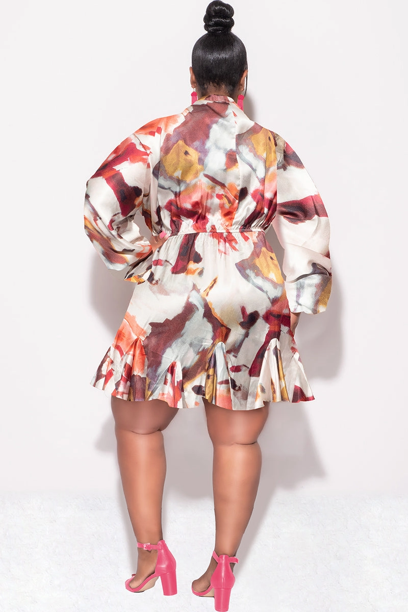 Sport Comfort Final Sale Plus Size Satin Collar Baby Doll Dress in Multi Color Print