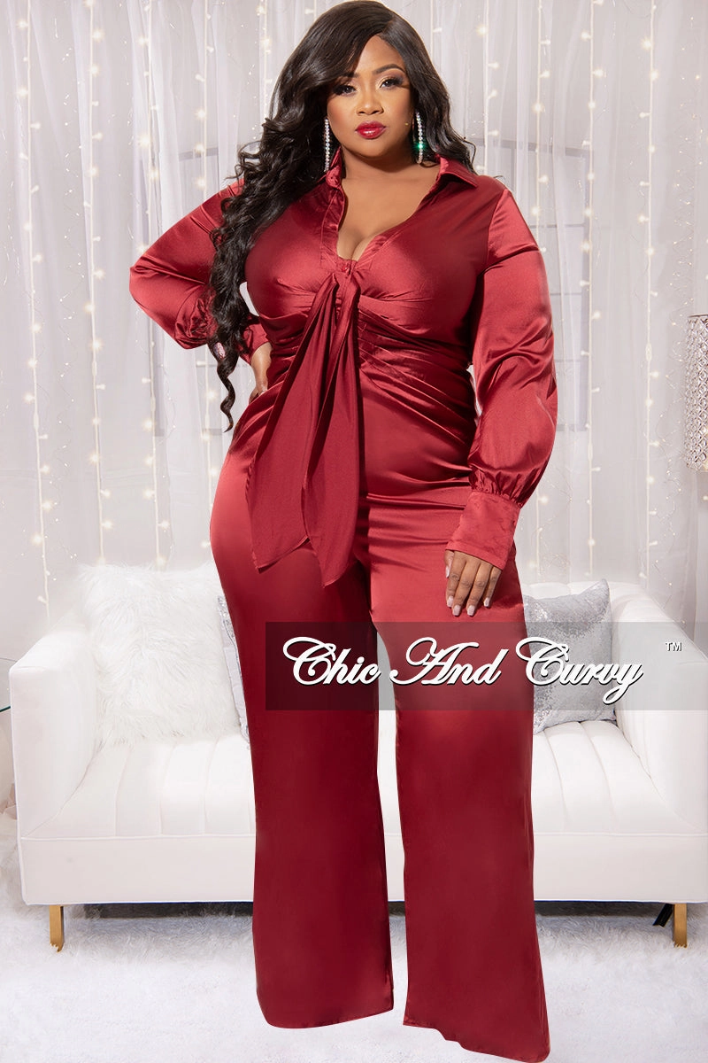 Final Sale Plus Size Satin Collar Front Tie Button Up Jumpsuit in Burgundy Active Stretch Layer-Friendly Fit