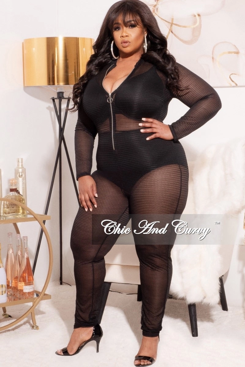 Final Sale Plus Size See Through Jumpsuit in Black Summer FunctionalZipper RipstopFabric