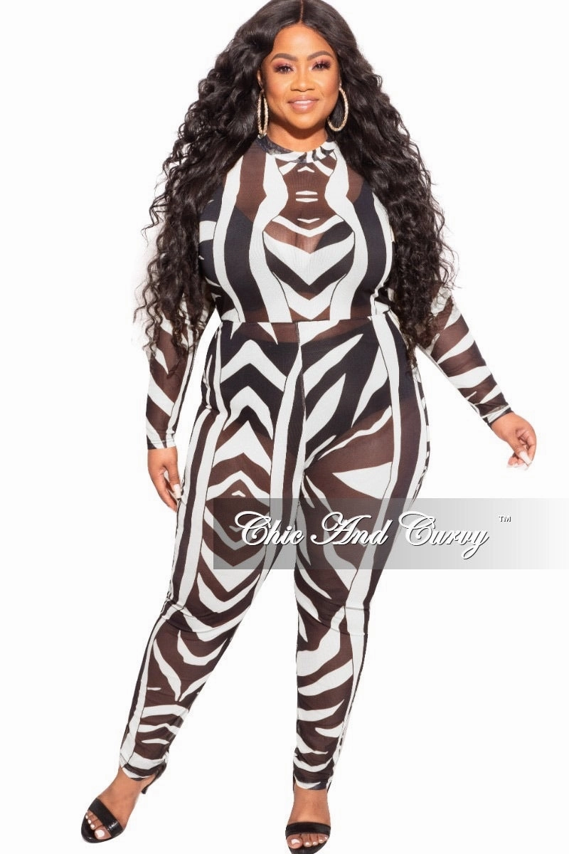 Breathable Motion Final Sale Plus Size See Through Mesh Jumpsuit in Black and White Zebra Print