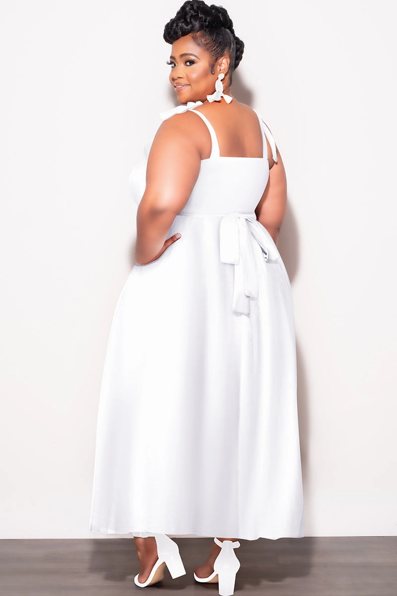 smooth zipper Flexible Fit Final Sale Plus Size Self Tie Strap Light Weight  Linen Blend Dress in Off White