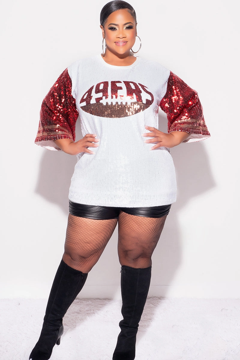 Tear Resistant Relax Fit Wear Final Sale Plus Size Sequin 49ERS Jersey Top in White Red and Gold
