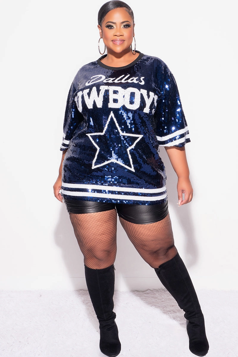 Timeless Design Active Flex Final Sale Plus Size Sequin Dallas Cowboys Jersey Top in Navy and White