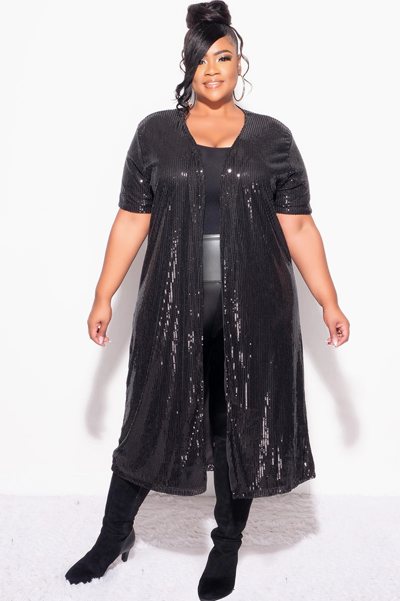 Zip-off legs Flexible Waist Final Sale Plus Size Sequin Duster in Black
