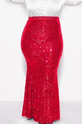 Final Sale Plus Size Sequin Skirt in Red Soft Comfort Secure Waistband