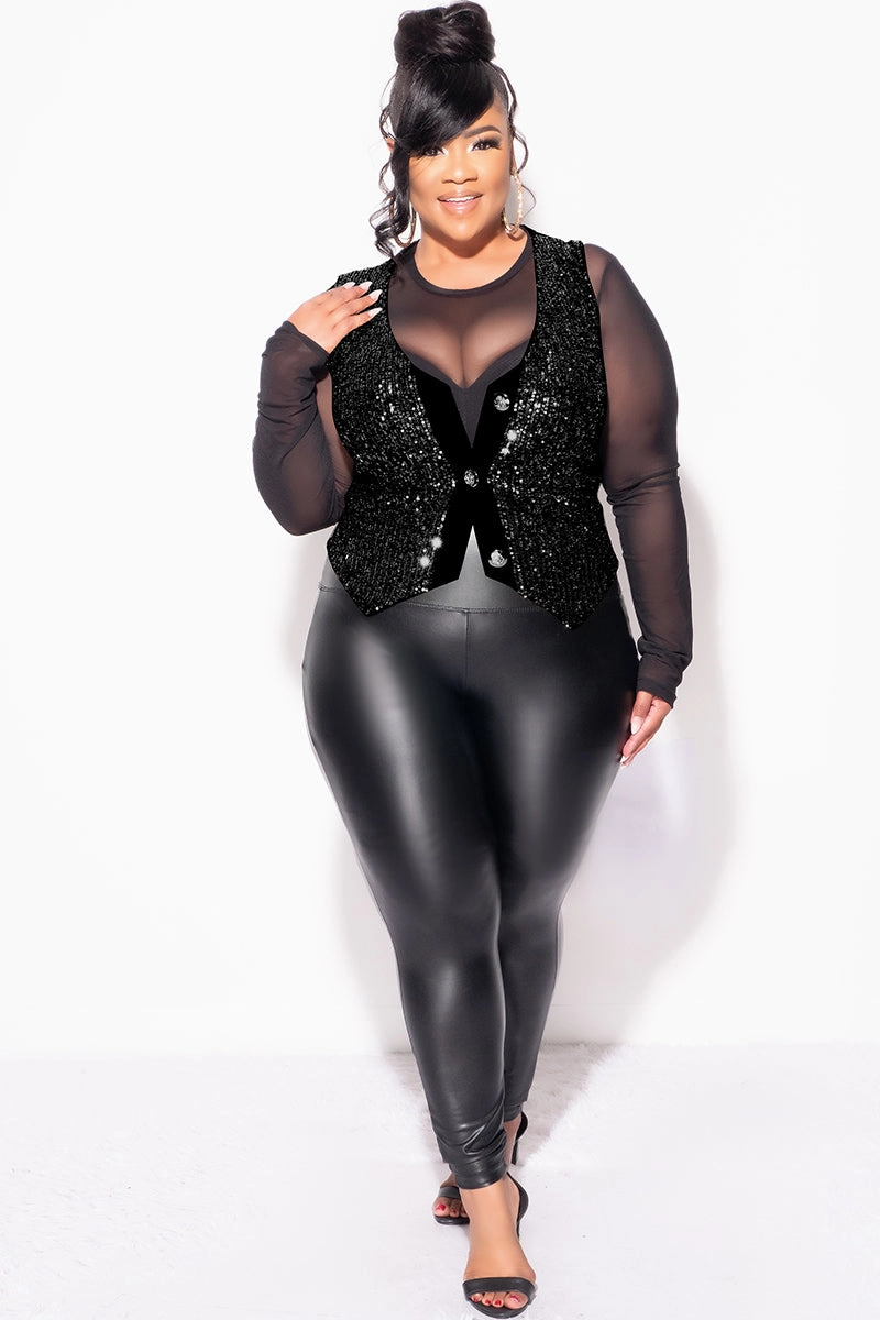 Movement Flex Final Sale Plus Size Sequin Sleeveless Button Up Crop Vest in Black (Vest Only)