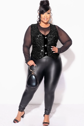Final Sale Plus Size Sequin Sleeveless Button Up Crop Vest in Black (Vest Only) Cozy Stretch