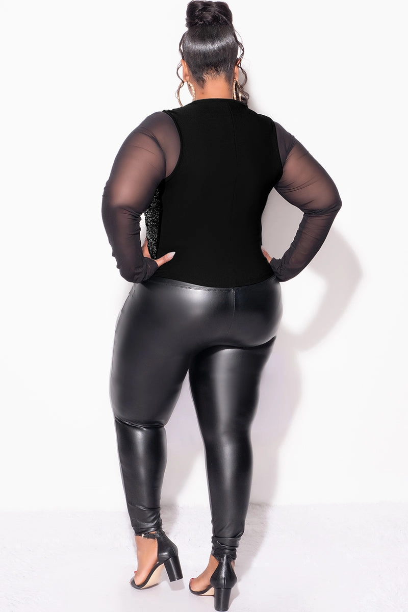 SmoothZipper Soft and Stretchy Final Sale Plus Size Sequin Sleeveless Button Up Crop Vest in Black (Vest Only)