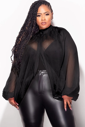 Final Sale Plus Size Sheer Balloon Sleeve Crop Top in Black DoubleLayeredFabric All Occasion