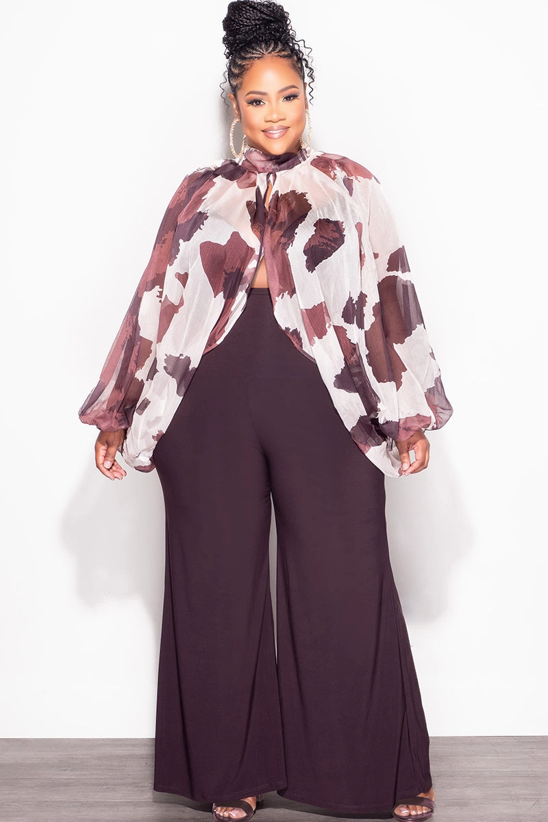 Final Sale Plus Size Sheer Balloon Sleeve Crop Top in Cream and Brown Polyester fabric