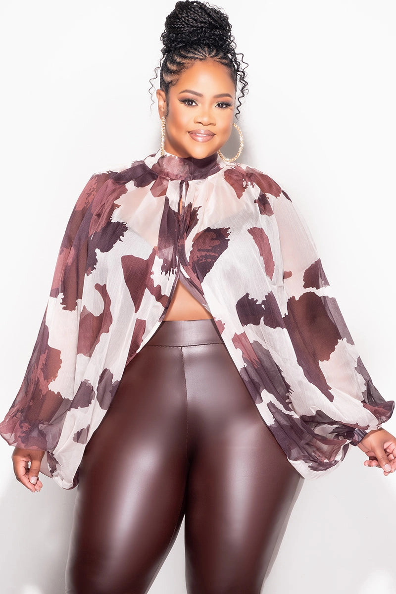 SmoothZipClosure Final Sale Plus Size Sheer Balloon Sleeve Crop Top in Cream and Brown