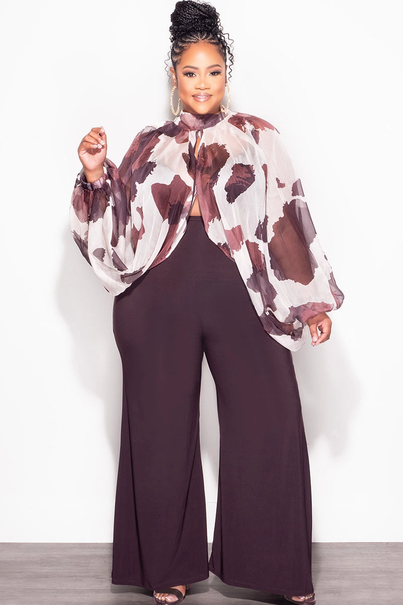 Final Sale Plus Size Sheer Balloon Sleeve Crop Top in Cream and Brown Timeless Design High-rise waist