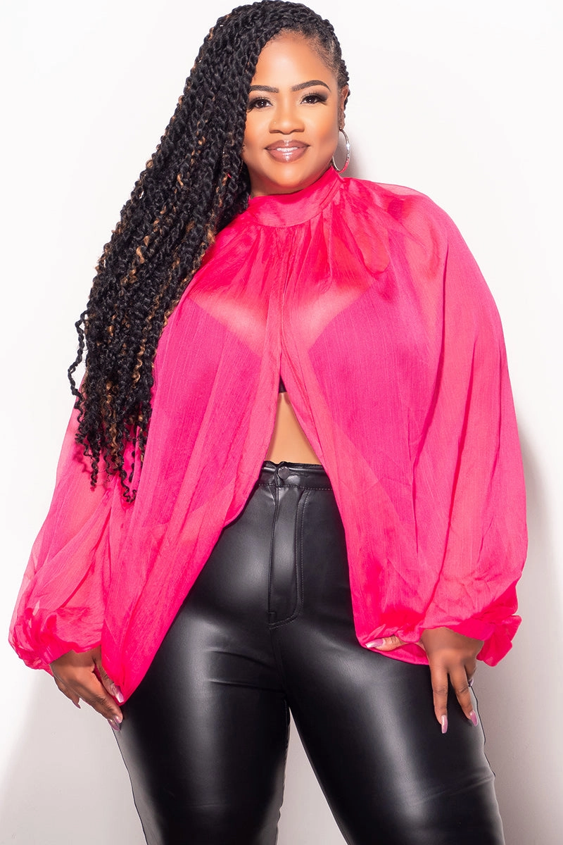 Final Sale Plus Size Sheer Balloon Sleeve Crop Top in Fuchsia Versatile Layering Quick drying material