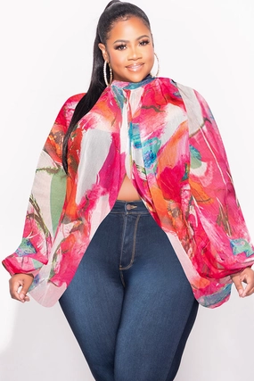 Soft and Cozy Light Fabric Final Sale Plus Size Sheer Balloon Sleeve Crop Top in Fuchsia Multi Color