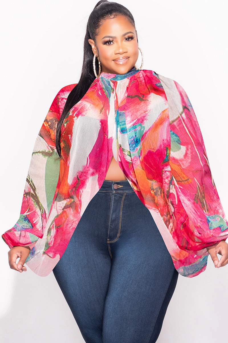 Soft and Cozy Light Fabric Final Sale Plus Size Sheer Balloon Sleeve Crop Top in Fuchsia Multi Color