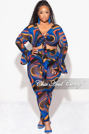 Neutral Shade Casual Movement Final Sale Plus Size Sheer Bell Sleeve Tie Top and High Waist Pants Set in Royal Blue Multi Color Print Fall