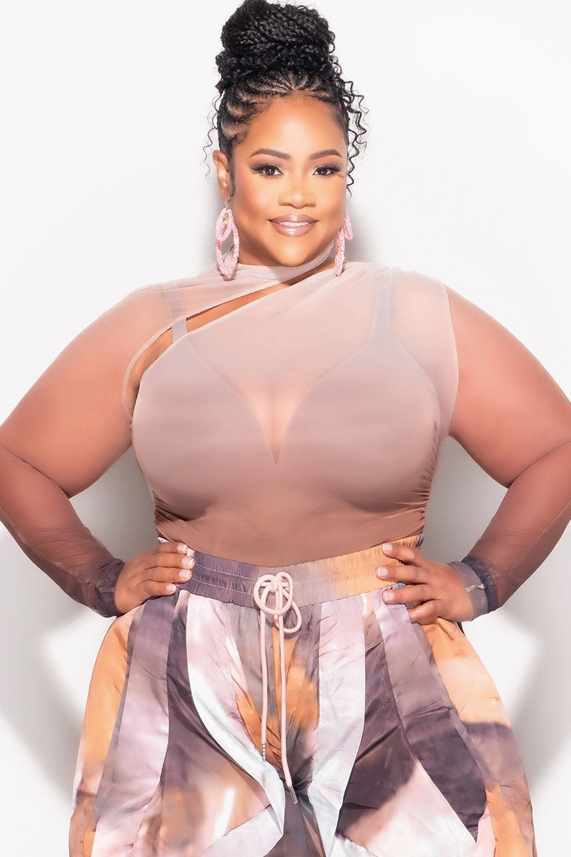 Final Sale Plus Size Sheer Bodysuit in Cream Brown and Black Light Wear Fit