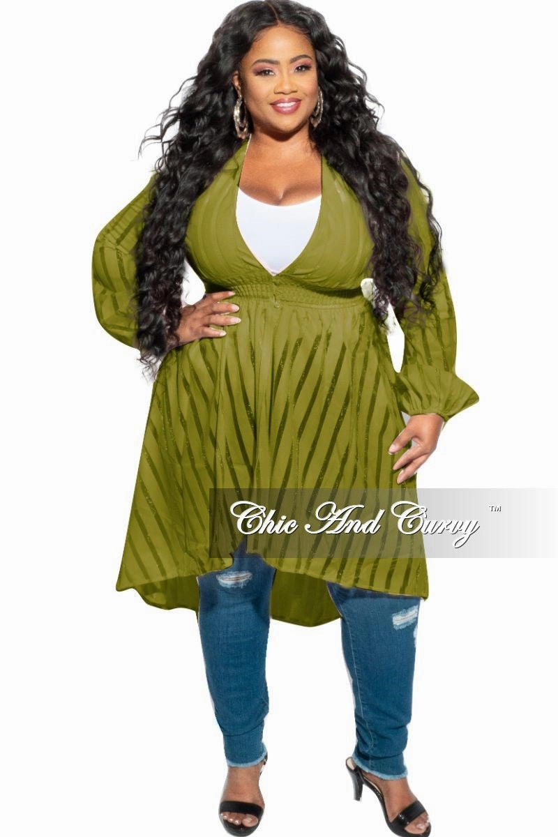 Final Sale Plus Size Sheer Button High-Low Duster in Olive No Fuss Fit Movement Comfort
