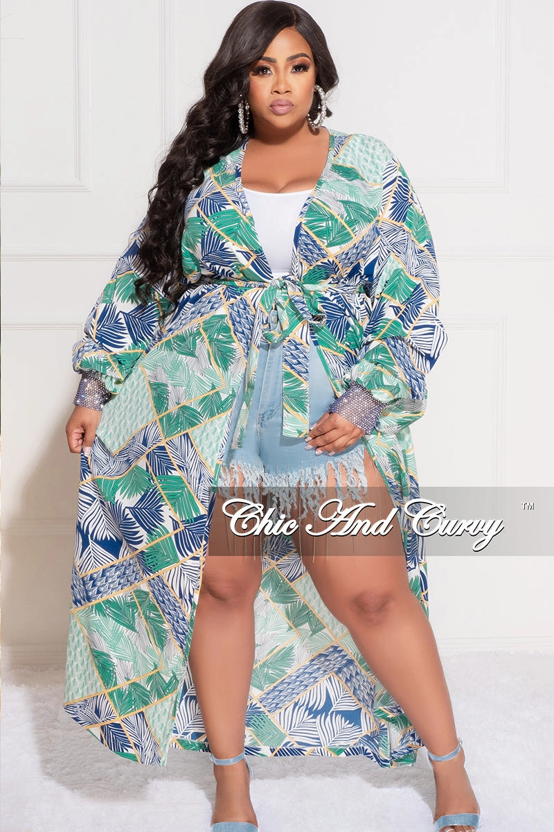 Final Sale Plus Size Sheer Chiffon Duster with Waist Tie and Rhinestone Cuff in Green Multi Color Print Effortless Comfort Day To Night
