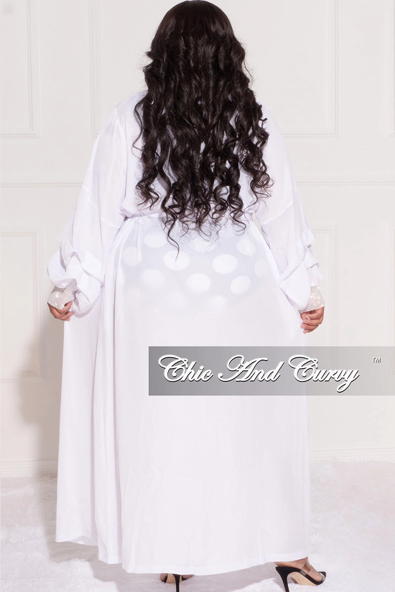 Final Sale Plus Size Sheer Chiffon Duster with Waist Tie and Rhinestone Cuff in White Casual Fit Design LightweightDesign