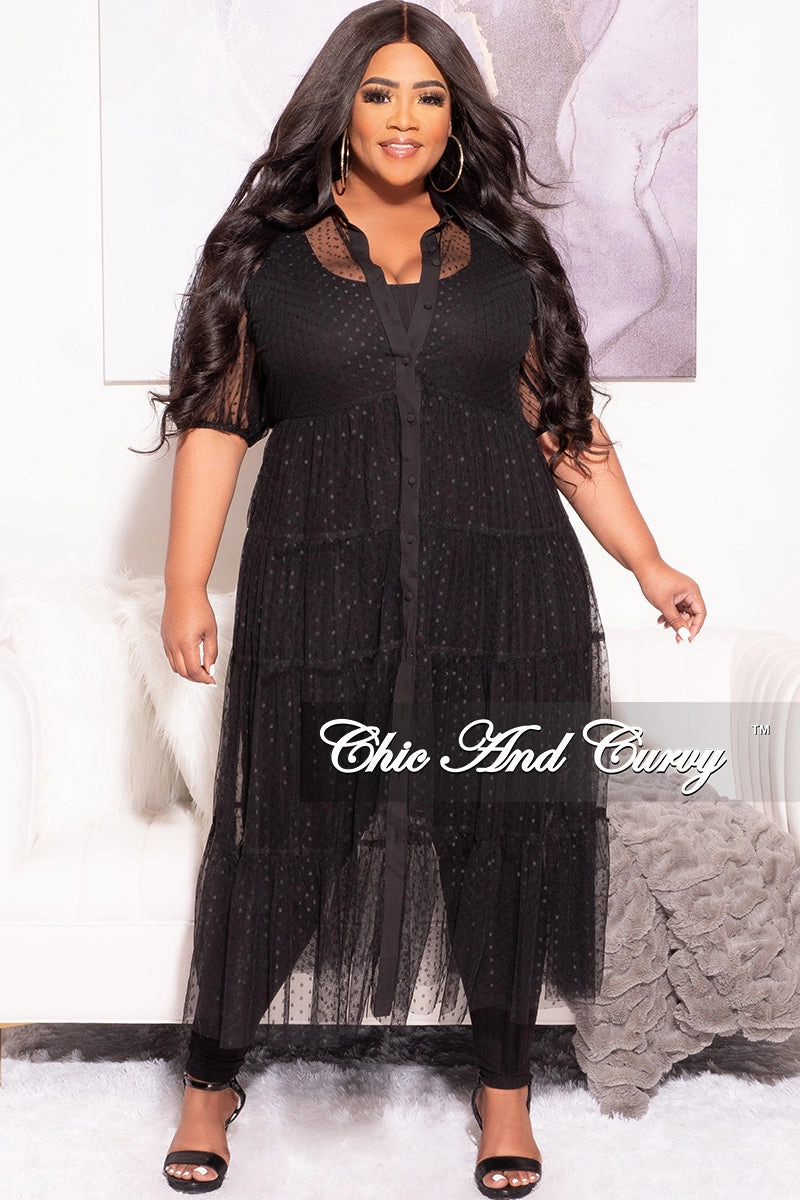 Final Sale Plus Size Sheer Collar Button Up Polka Dot Dress in Black Pull-on style Chic casual