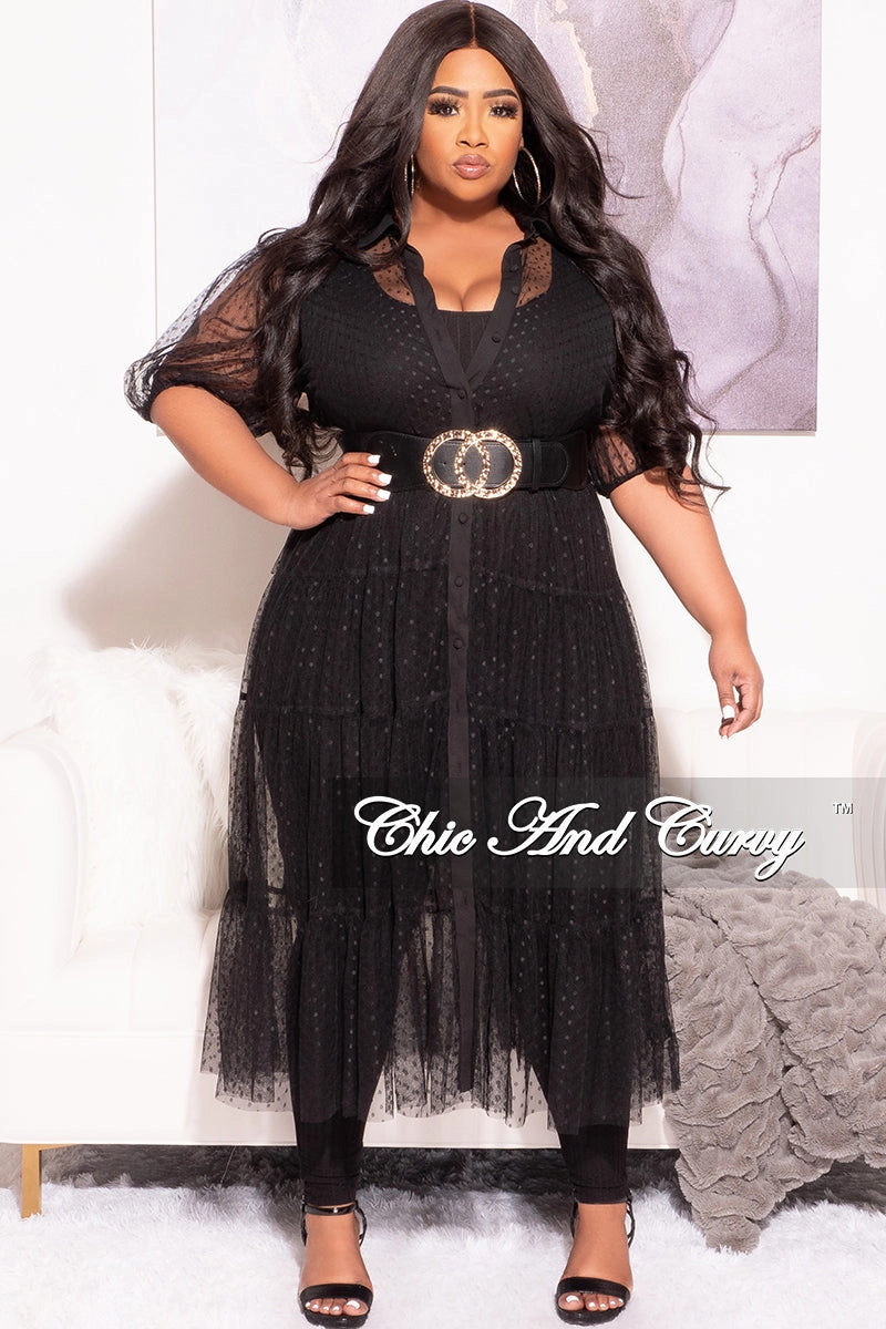 Final Sale Plus Size Sheer Collar Button Up Polka Dot Dress in Black Tagless Labeling Windproof Design