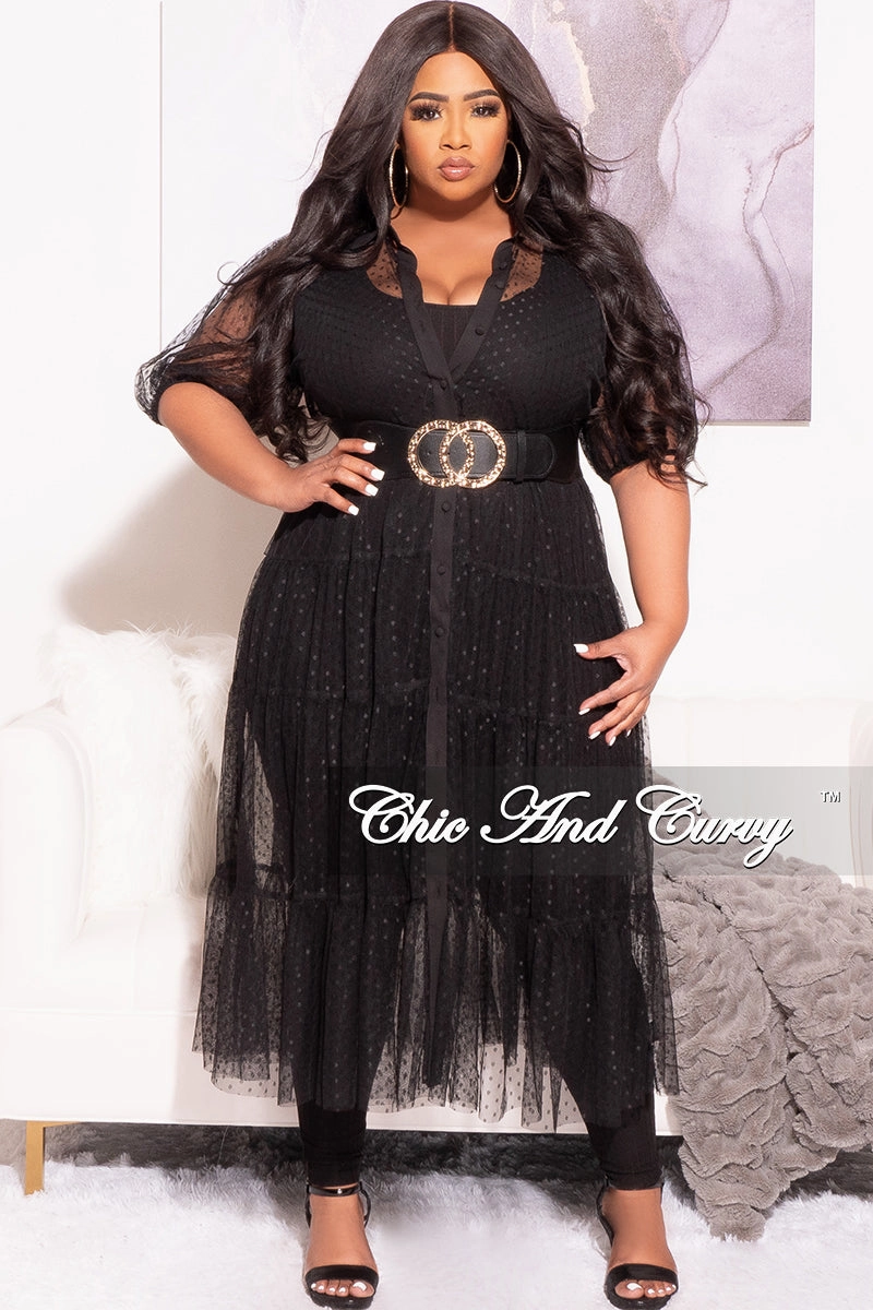 Final Sale Plus Size Sheer Collar Button Up Polka Dot Dress in Black All Day Wear Day Wear