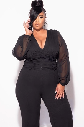 Chilly Weather Comfort Final Sale Plus Size Sheer Corset Top with Balloon Sleeves in Black