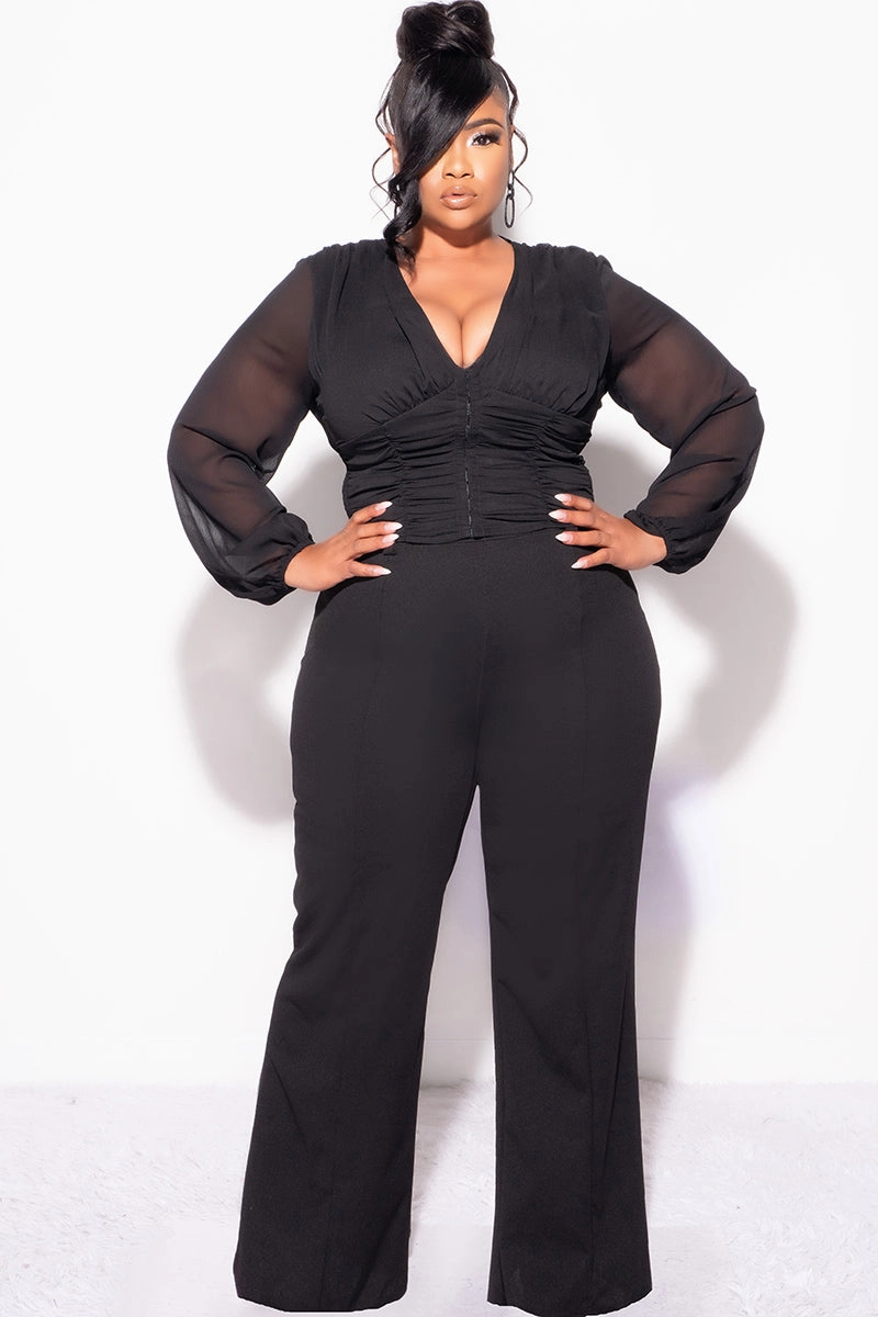 Final Sale Plus Size Sheer Corset Top with Balloon Sleeves in Black Soft Waistband