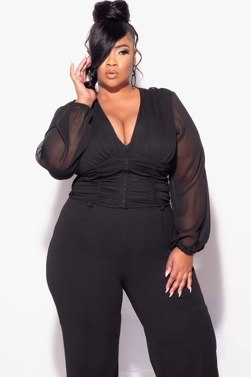 Final Sale Plus Size Sheer Corset Top with Balloon Sleeves in Black Casual Comfort Wear