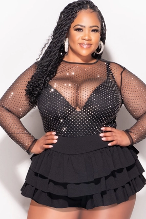 Final Sale Plus Size Sheer Diamond Studded Top in Black Layer-Friendly
