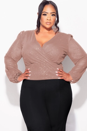 RuggedDurability Easy Care Fabric Final Sale Plus Size Sheer Glitter Faux Wrap Top in Tan