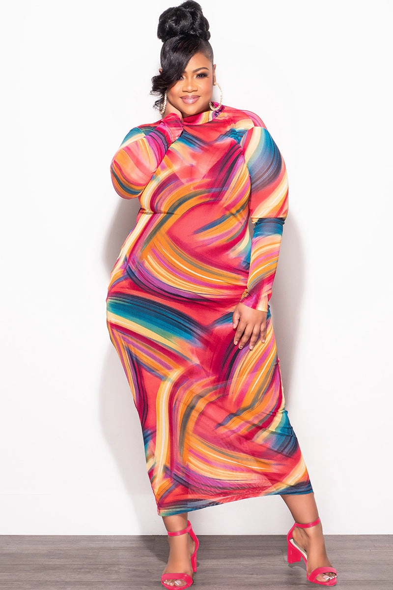 Final Sale Plus Size Sheer Mesh Bodycon Dress in Paint Brush Print Easy Movement All-Day Wear