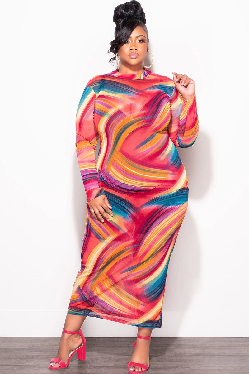 Everyday Comfort Wear Agile Fit Final Sale Plus Size Sheer Mesh Bodycon Dress in Paint Brush Print