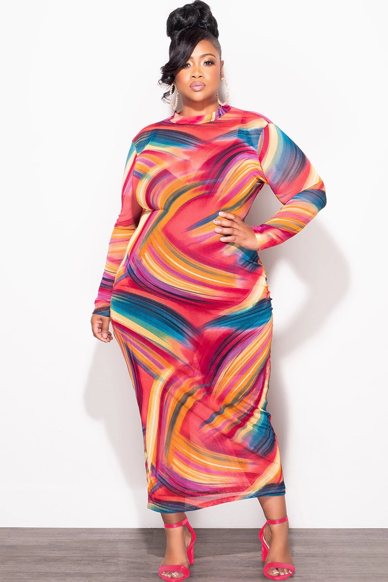 Utility Pockets Sporty Style Final Sale Plus Size Sheer Mesh Bodycon Dress in Paint Brush Print