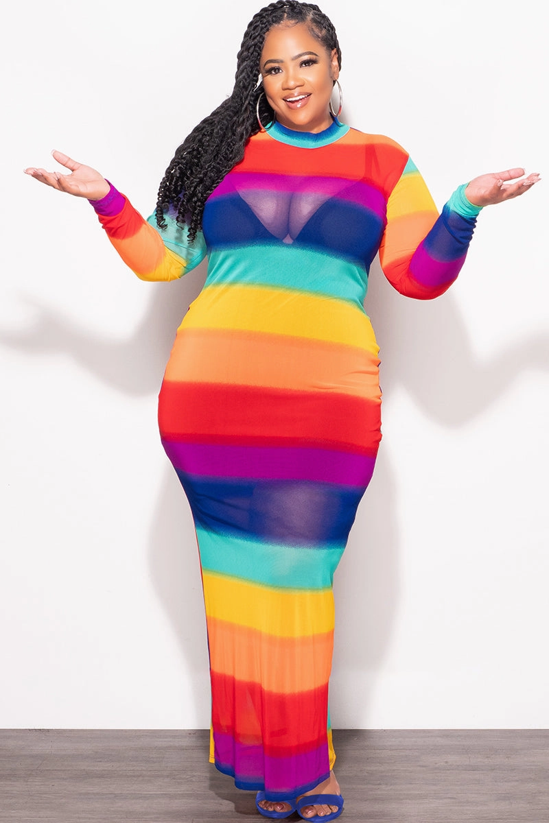 Final Sale Plus Size Sheer Mesh Bodycon Dress in Rainbow Stripes Sleek Comfort